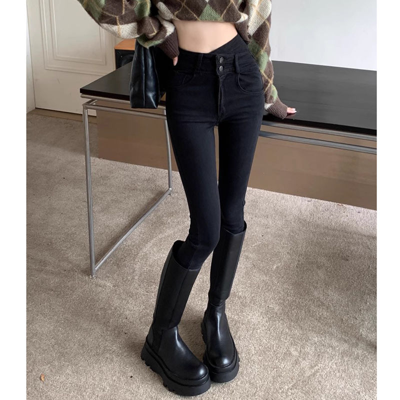 復古黑色彈力牛仔褲女冬季小個子高腰鉛筆褲百搭修身顯瘦小腳褲子