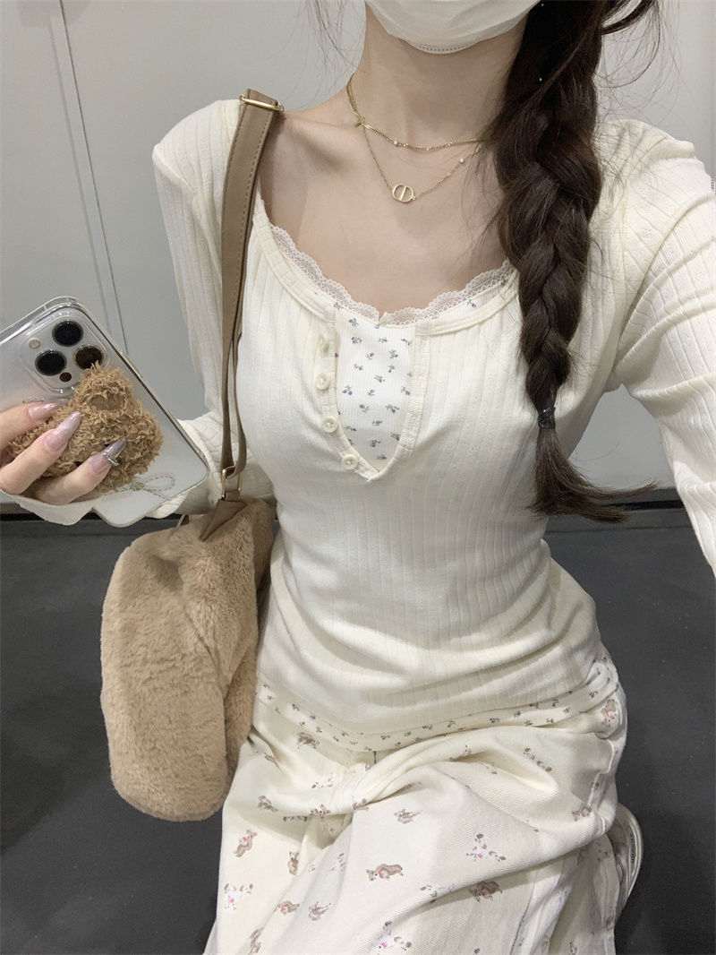 假兩件拼接碎花長袖T恤女秋冬2023新款純欲修身顯瘦內搭打底上衣