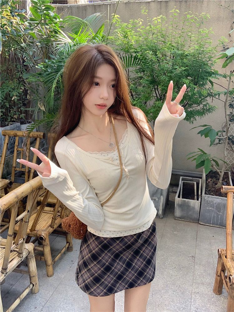 假兩件拼接碎花長袖針織衫女秋冬季韓系甜美溫柔修身短款內搭上衣