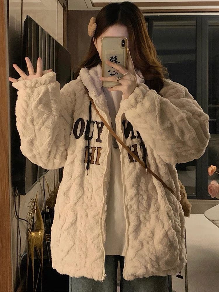 oversize復古外套女秋冬ins潮美式炸街羊羔毛絨棉服寬鬆連帽棉衣