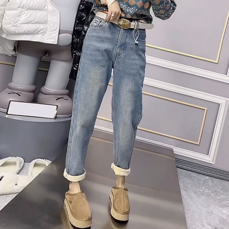 Velvet and thickened harem jeans for women winter  new style high-waisted large size fat mm pear-shaped slimming nine-point dad pants