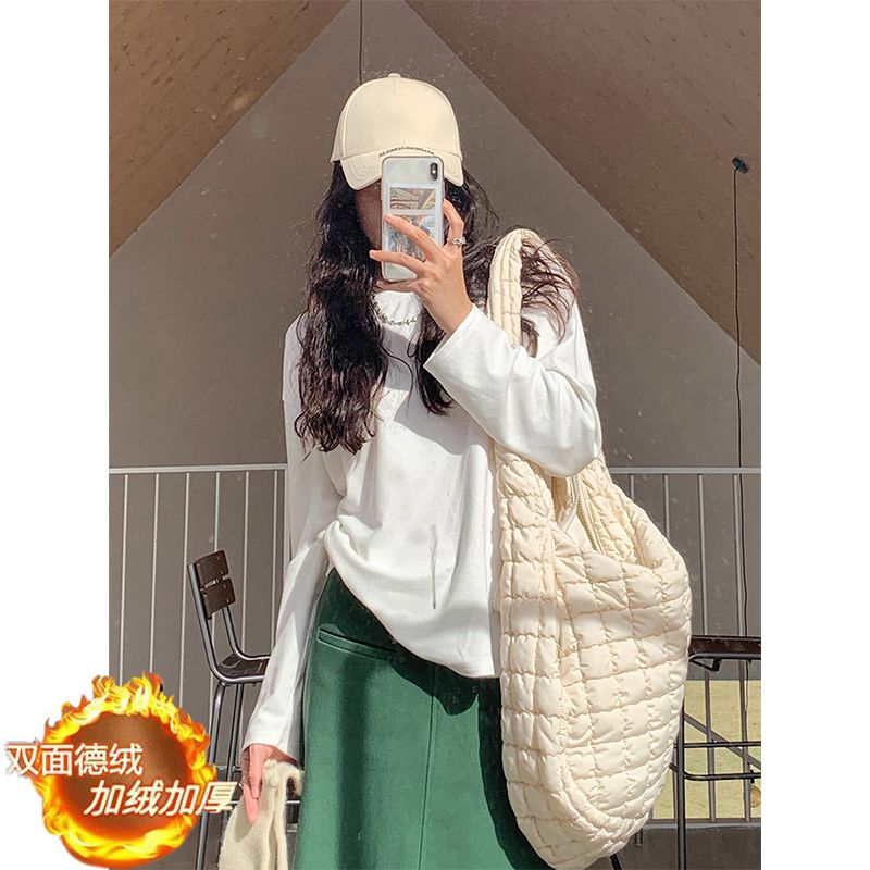 加厚雙面徳絨圓領白色打底衫女加絨秋冬磨毛內搭純色寬鬆中長T恤
