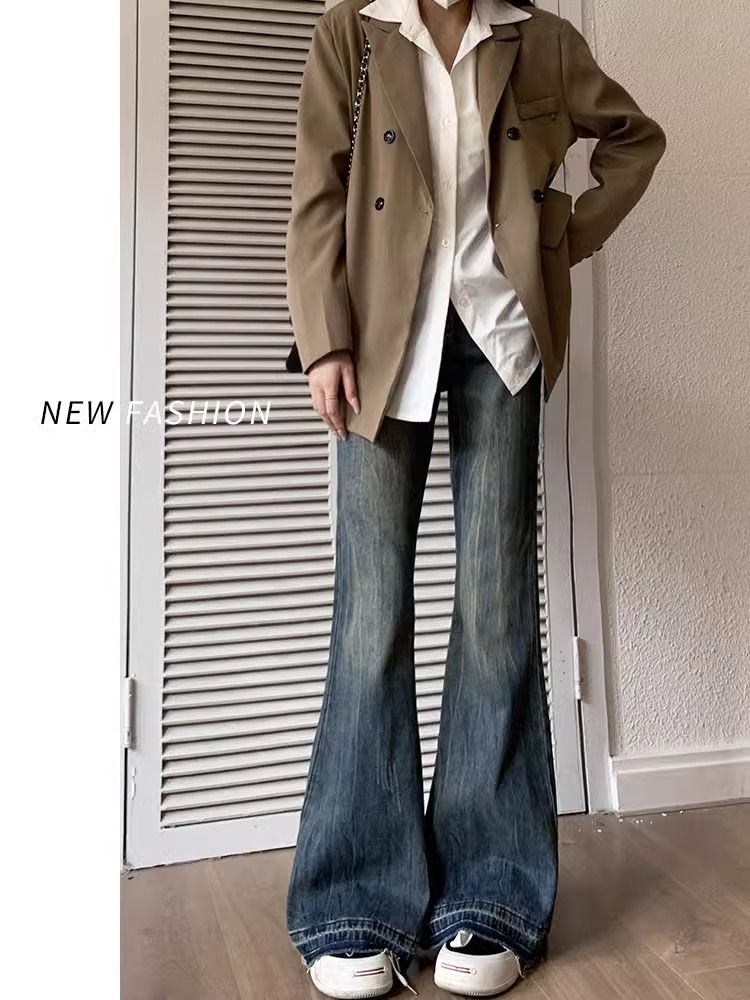 復古微喇牛仔褲女2023年秋冬新款高腰顯瘦寬鬆不貼腿喇叭褲子ins