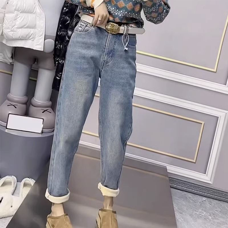 Velvet and thickened harem jeans for women winter  new style high-waisted large size fat mm pear-shaped slimming nine-point dad pants