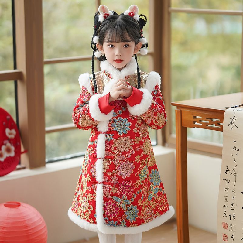 女童2023新款冬季加絨旗袍唐裝兒童秋冬古風漢服連衣裙古裝拜年服