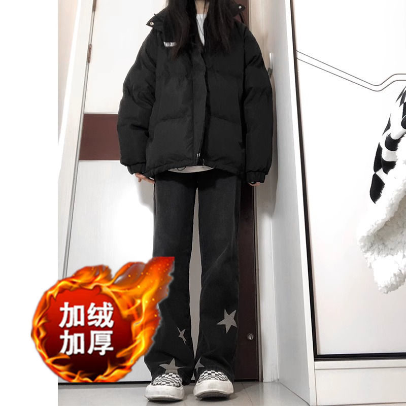 小眾加絨牛仔褲女秋冬季大碼微胖mm顯瘦直筒褲美式高街寬鬆闊腿褲