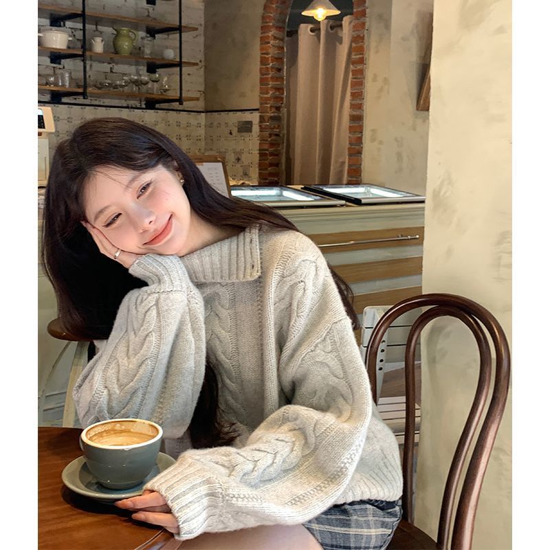 XJ家溫柔風高領麻花毛衣秋冬季加厚外穿套頭針織衫甜辣短款上衣