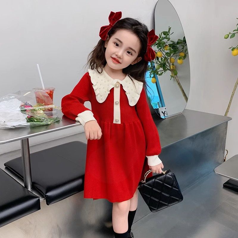 女童毛衣裙儿童2023新款红色冬季裙子珍珠拜年服宝宝秋冬款连衣裙