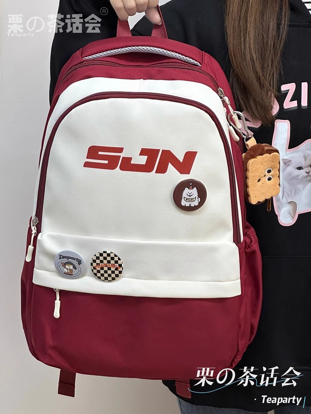 American contrasting color workwear schoolbag female campus junior high school student high school large-capacity backpack male trendy burden-reducing student backpack