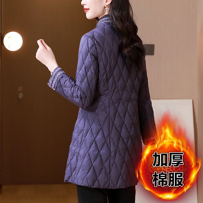 新中式国风羽绒棉服外套2023秋冬蕾丝花边立领修身中长款棉衣外套