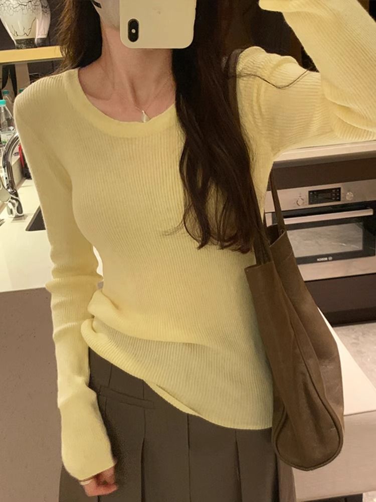 修身德絨針織衫女秋冬新款純色彈力內搭打底衫設計感顯瘦長袖上衣