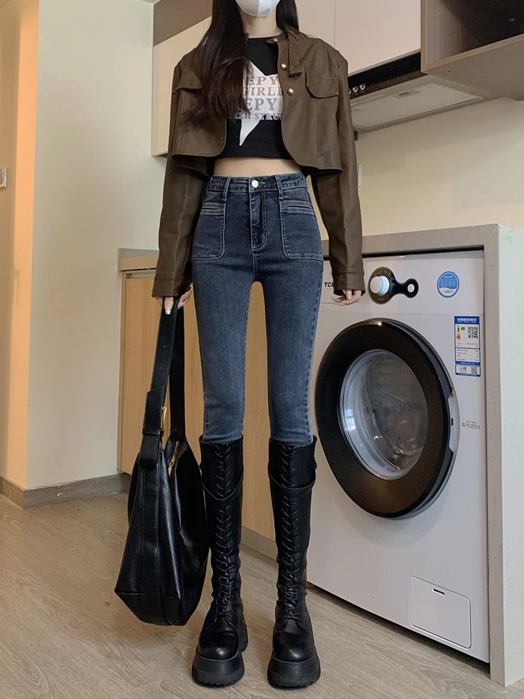 高腰小腳牛仔褲女秋季小個子高腰顯瘦修身冬款加絨緊身鉛筆褲子潮