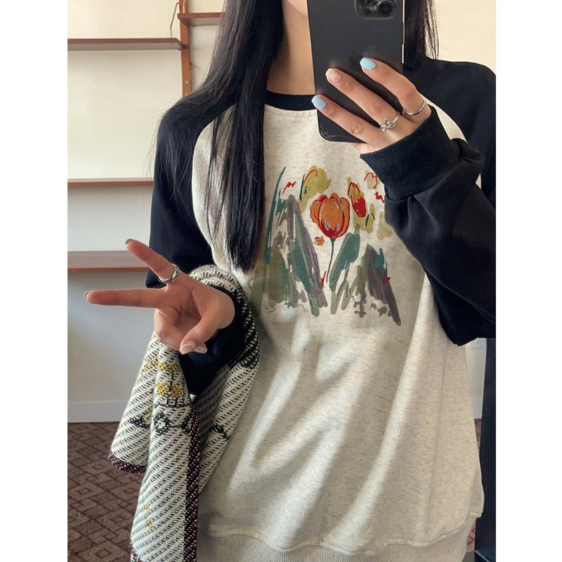2023新款春秋季美式復古插肩圓領衛衣女韓系寬鬆oversize長袖上衣