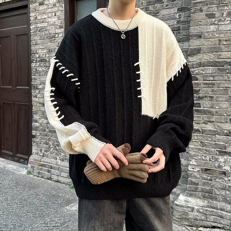 拼接撞色毛衣男生秋冬季潮牌寬鬆休閒慵懶風設計感小眾套頭針織衫