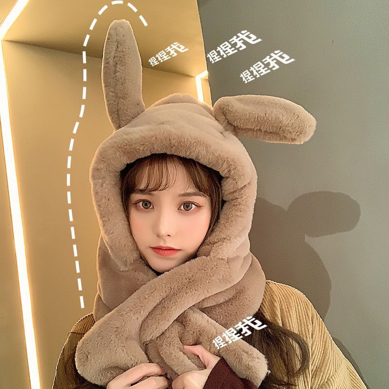 Hats for women in autumn and winter, versatile and cute rabbit ears scarf, integrated neck scarf, ear protection, warm winter hot street Internet celebrity model