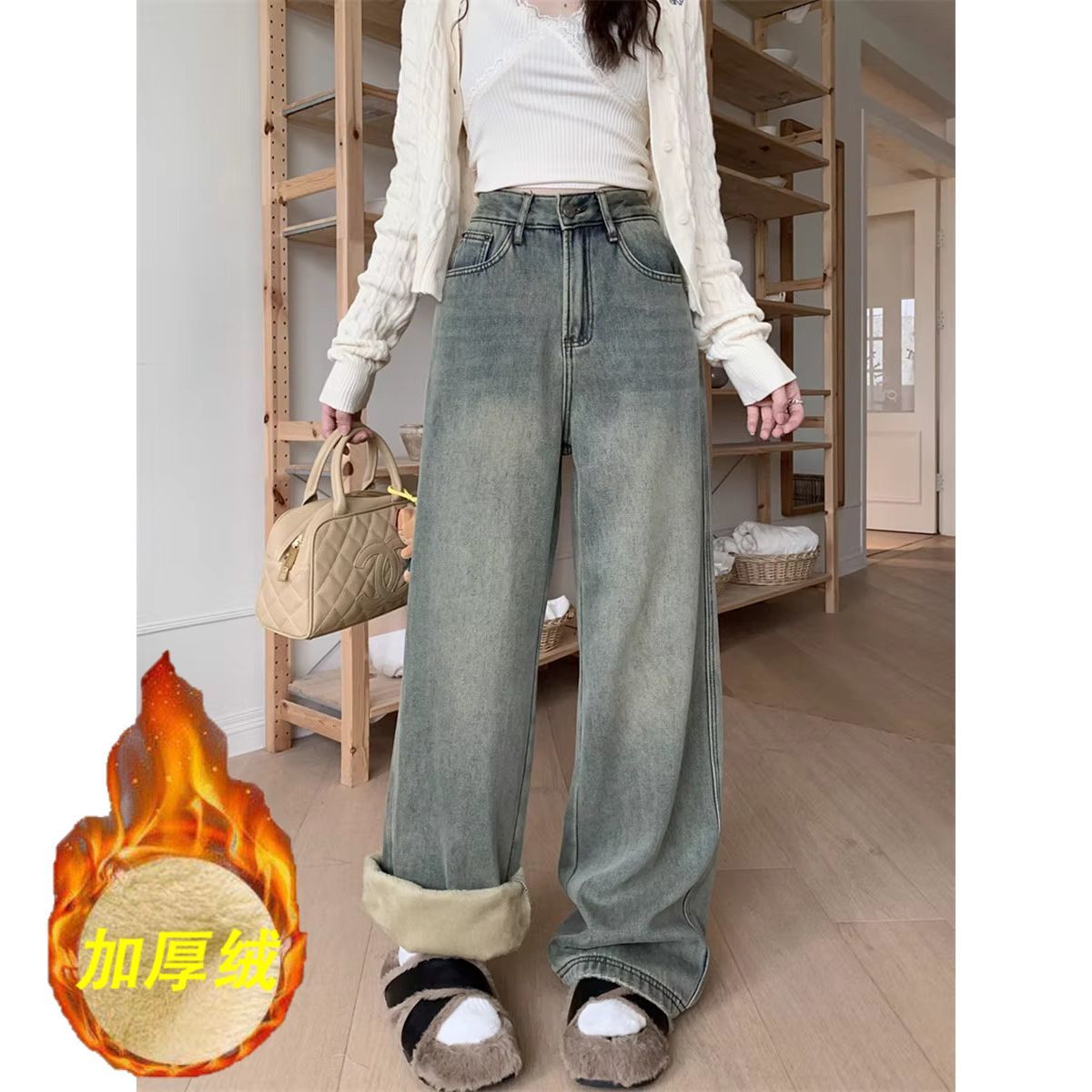 加絨加厚闊腿牛仔褲女2023秋冬新款復古高腰寬鬆顯瘦直筒拖地長褲