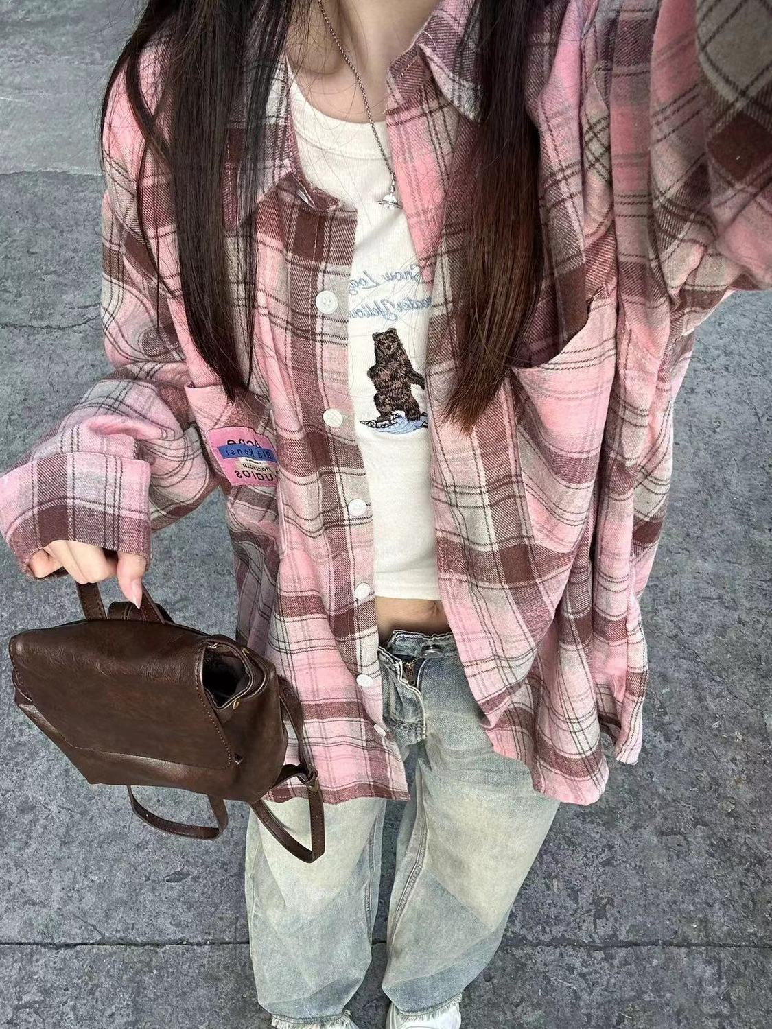 復古港味chic格子襯衫外套女2023秋冬款寬鬆慵懶風中長款襯衣開衫
