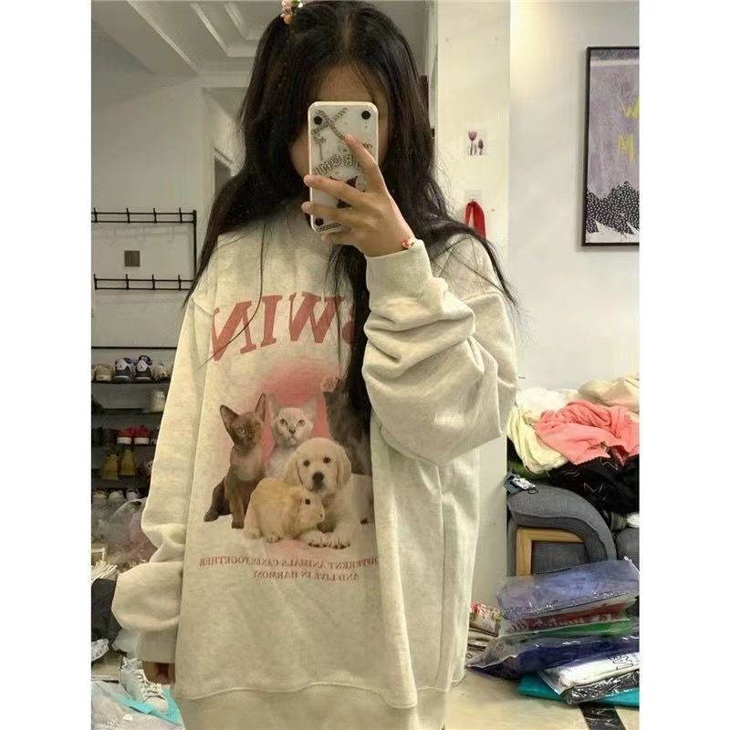 美式復古甜美衛衣女春秋冬季薄款國潮牌小眾oversize寬鬆加絨外套