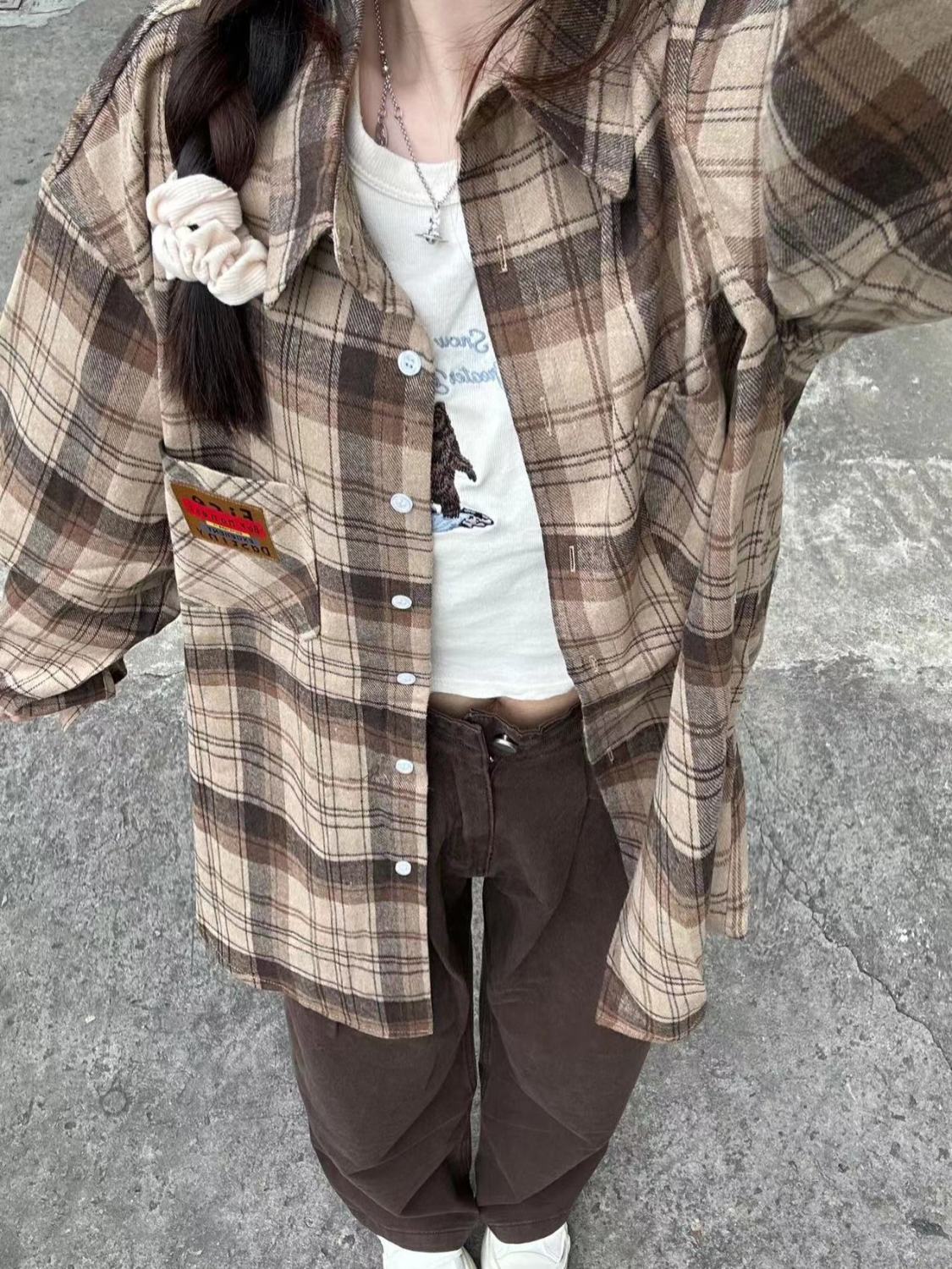 美式polo衫長袖格子襯衫外套女秋冬季復古設計感小眾寬鬆顯瘦襯衣