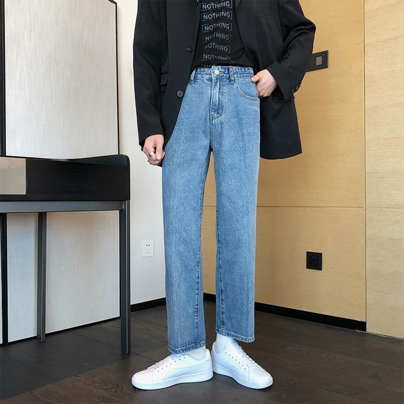 春秋季韓版直筒寬鬆修身顯瘦九分牛仔褲男百搭顯瘦休閒墜感復古男
