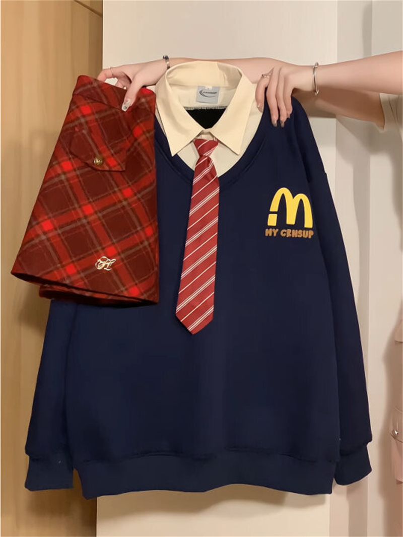 Winter new style McDonald's American retro college style complete set of fake two-piece tops short plaid skirt suit