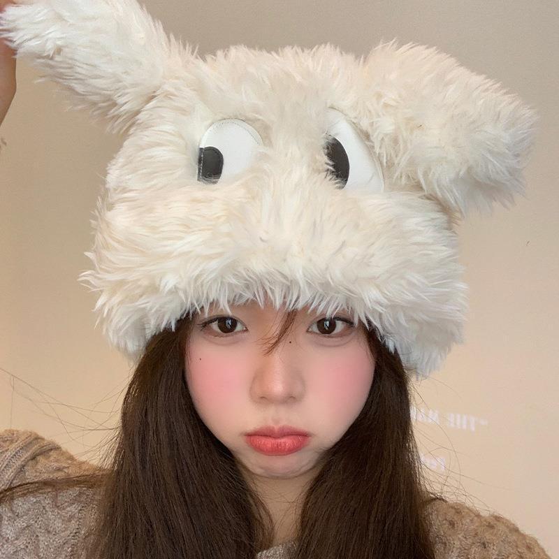 Cute funny big-eyed puppy cartoon plush hat for women with long ears in autumn and winter thickened warm pullover ear protection velvet hat