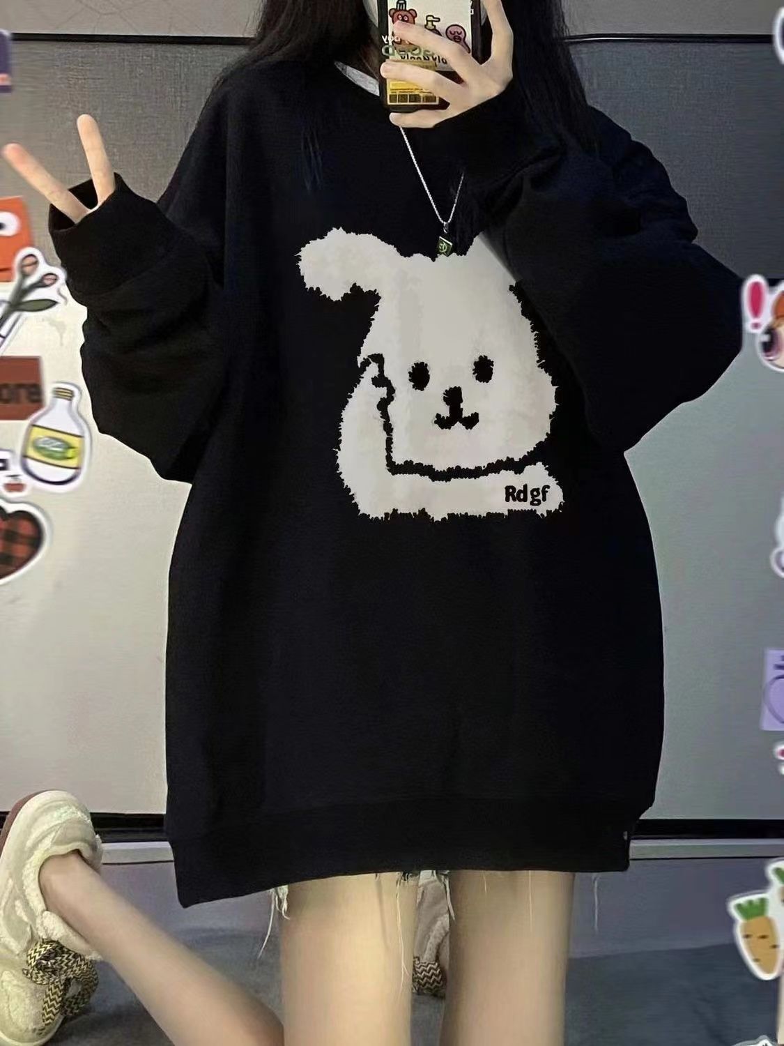 加絨加厚圓領衛衣女學生2023秋冬新款洋氣港風寬鬆無帽上衣服