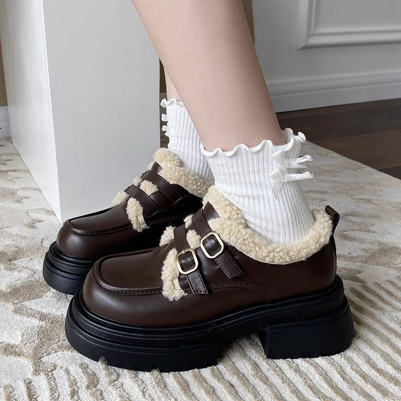Thick-soled platform brown leather shoes for women 2023 autumn and winter new style British style versatile Japanese style plus velvet warm cotton shoes