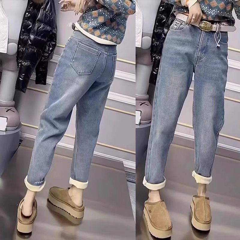 Velvet and thickened harem jeans for women winter  new style high-waisted large size fat mm pear-shaped slimming nine-point dad pants