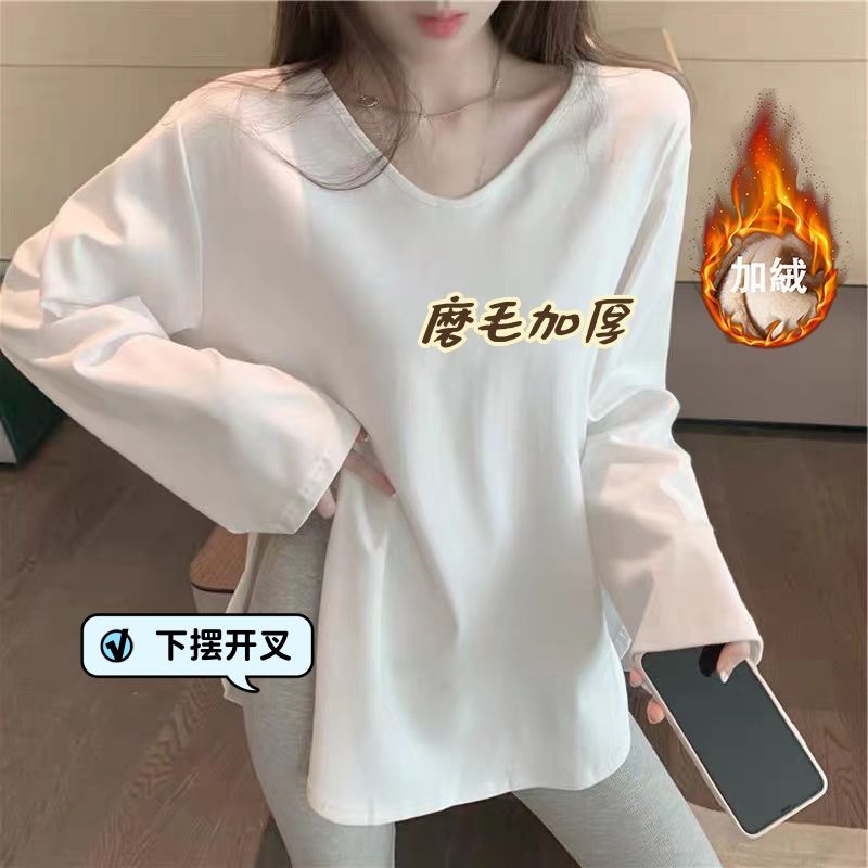 2023年秋冬季新款韓版寬鬆數字加絨打底衫上衣女開叉內搭長袖T恤