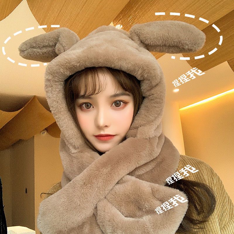 Hats for women in autumn and winter, versatile and cute rabbit ears scarf, integrated neck scarf, ear protection, warm winter hot street Internet celebrity model