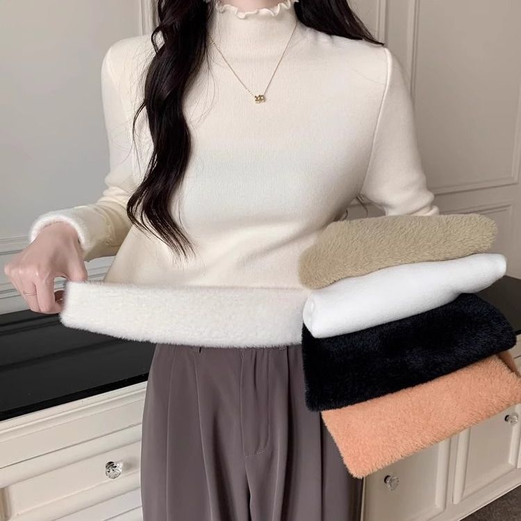 木耳邊一體絨半高領保暖內搭甜美軟糯別致秋冬彈力針織衫女溫柔白