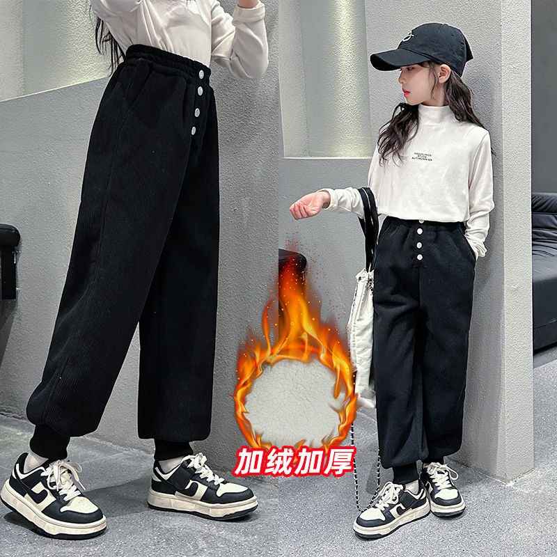女童冬款加厚加絨褲子2023新款兒童洋氣大童羊駝絨休閒運動褲衛褲