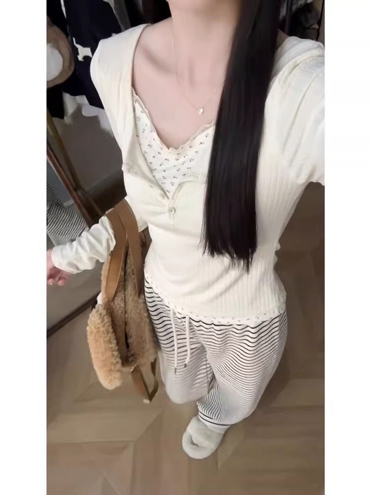 碎花假兩件純欲甜辣妹打底衫女秋冬內搭收腰露鎖骨顯瘦長袖上衣潮