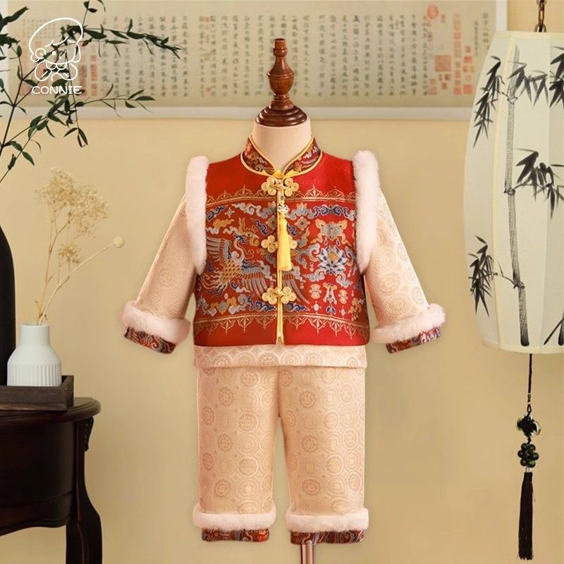 Boys' winter New Year's clothing suit, children's New Year's greetings clothing, cotton-padded jacket, winter clothing, Chinese style baby one-year-old dress, ancient costume, Tang suit