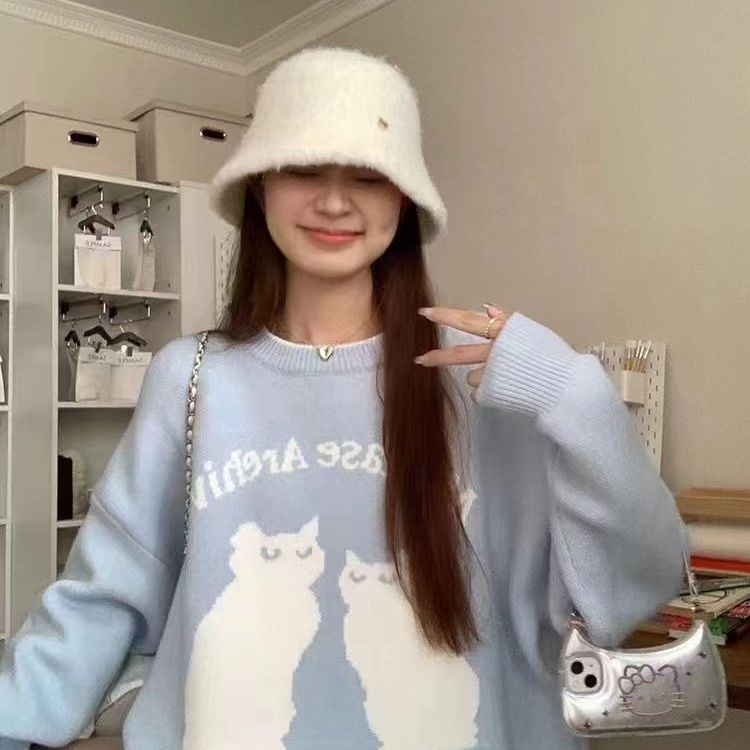 Cute cartoon cat sweater, college style, age-reducing and lazy feeling, loose and slimming, round neck pullover knitted top