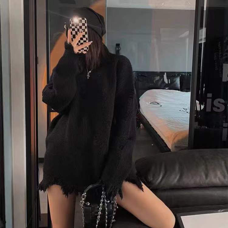 黑色毛衣女新款套頭圓領寬鬆慵懶風針織衫破壞感破洞流蘇情侶上衣