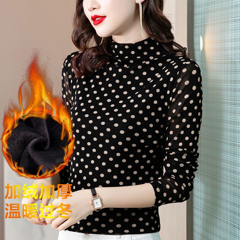 2023秋冬季新款網紗印花韓版修身長袖打底衫女媽媽裝加絨加厚保暖