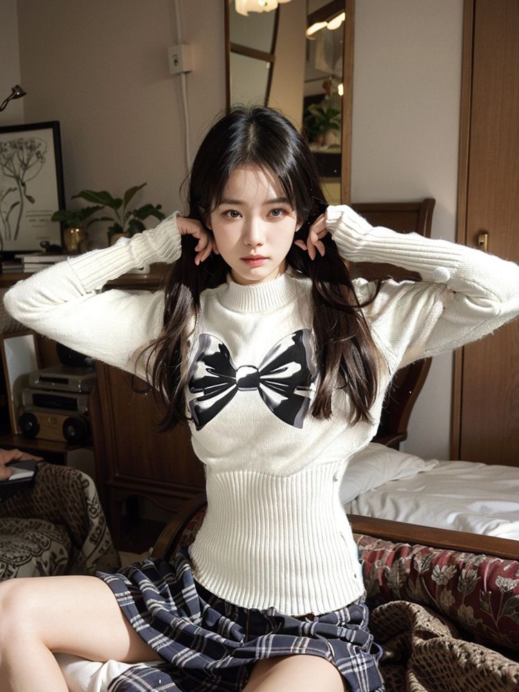 韓系顯瘦蝴蝶印花半高領白色針織衫秋冬修身打底衫別致絕美小上衣
