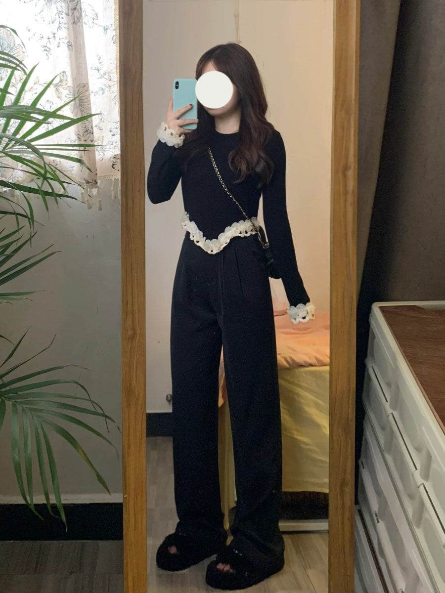 大碼胖mm高級感法式復古長袖打底衫女秋冬花朵邊上衣潮