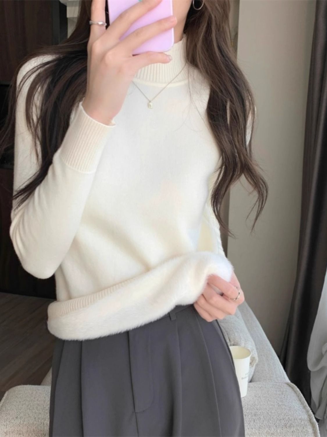 2023冬季新款高領加絨加厚針織衫女裝內搭修身毛衣白色打底衫上衣