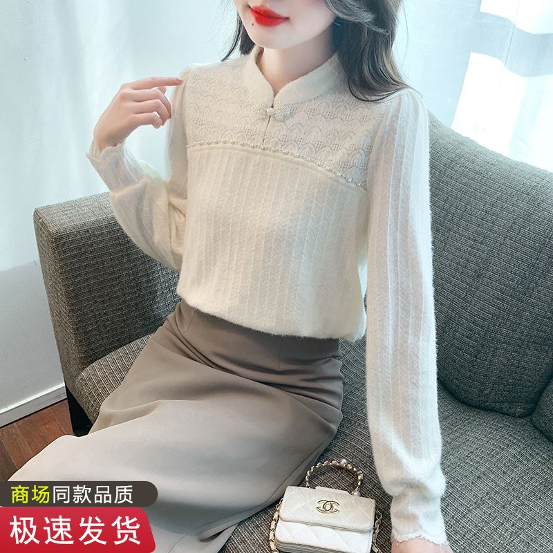 加絨加厚蕾絲打底衫女秋冬2023新款蕾絲冬季保暖上衣顯瘦氣質內搭