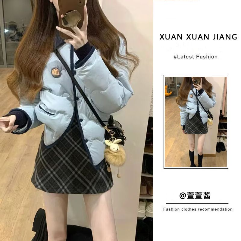 套裝女2023冬季新款甜辣風韓系小個子寬鬆棉衣外套高腰顯瘦半身裙