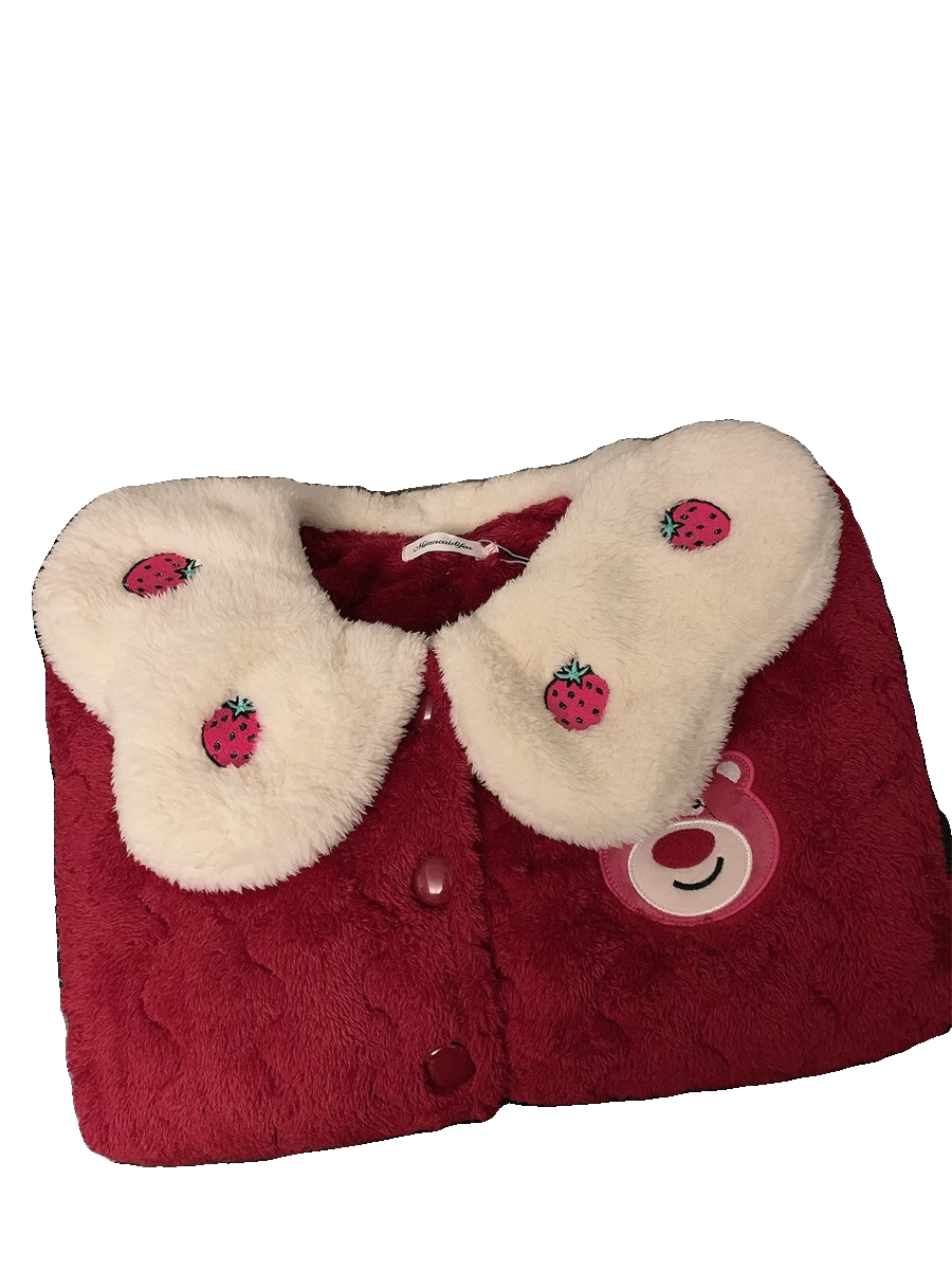 秋冬季珊瑚绒睡衣女2023新款三层夹棉加厚可爱草莓熊家居服可外穿