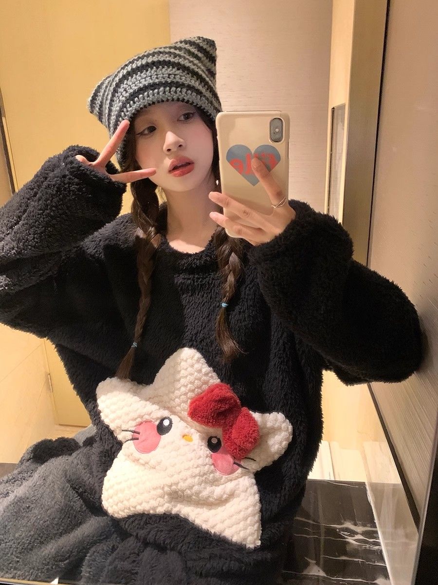 珊瑚絨睡衣女秋冬季2023年新款加厚可愛五角星加絨保暖家居服套裝