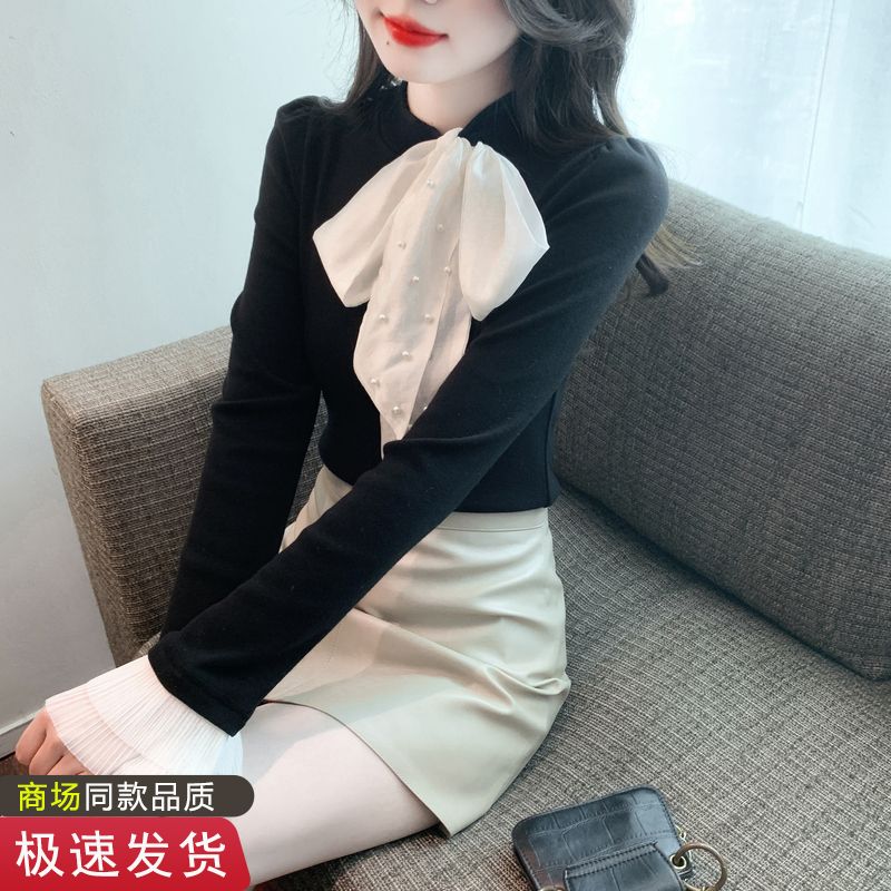法式釘珠蝴蝶結長袖針織衫女2023新款秋冬時尚洋氣內搭打底衫上衣