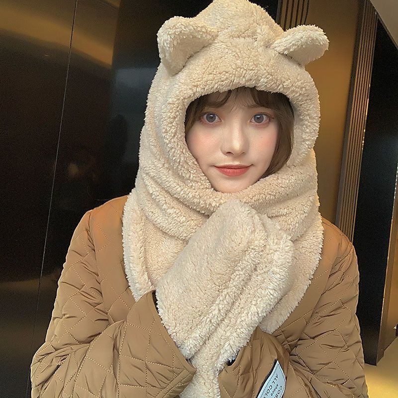 Hats for women in autumn and winter, versatile and cute rabbit ears scarf, integrated neck scarf, ear protection, warm winter hot street Internet celebrity model