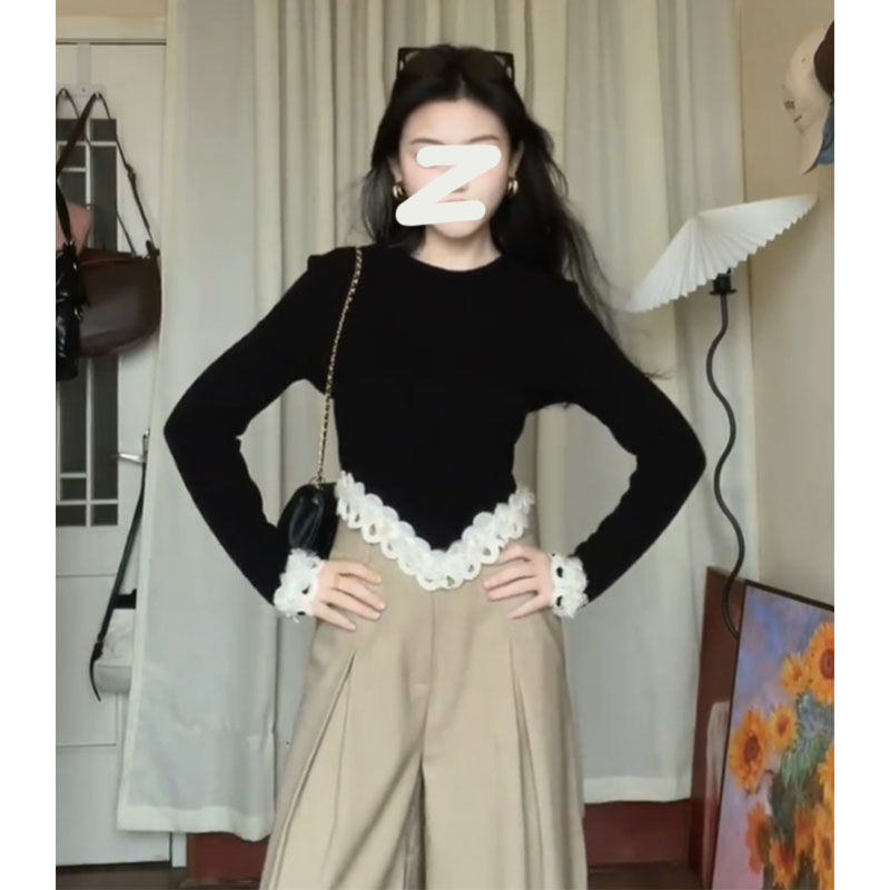 不規則撞色花朵邊長袖衫女秋冬季修身氣質內搭打底衫上衣