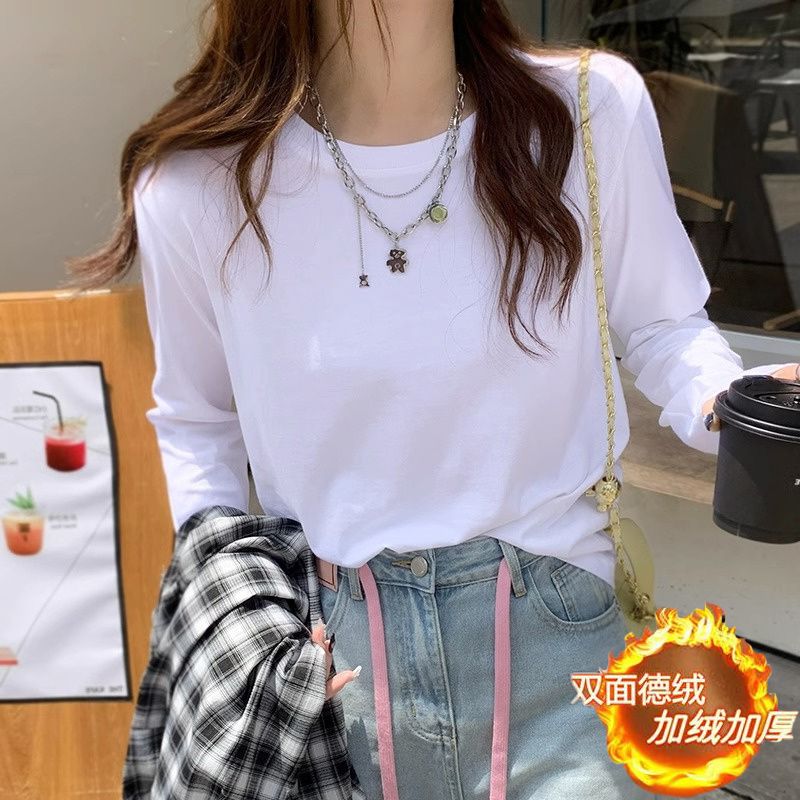 加厚雙面徳絨圓領白色打底衫女加絨秋冬磨毛內搭純色寬鬆中長T恤