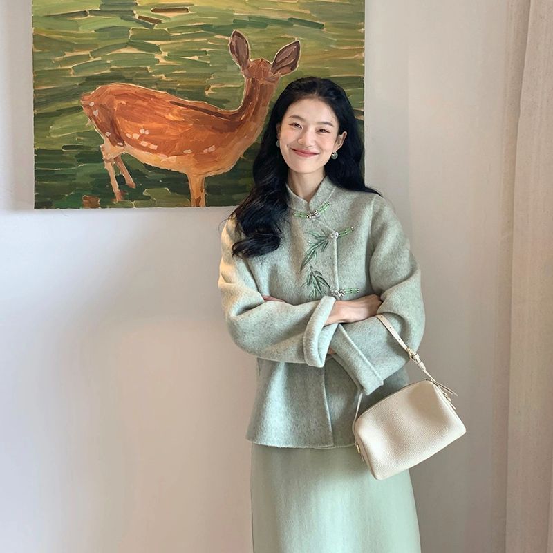 茶系穿搭一整套女新中式雙面羊絨大衣短款外套今年流行漂亮套裝裙
